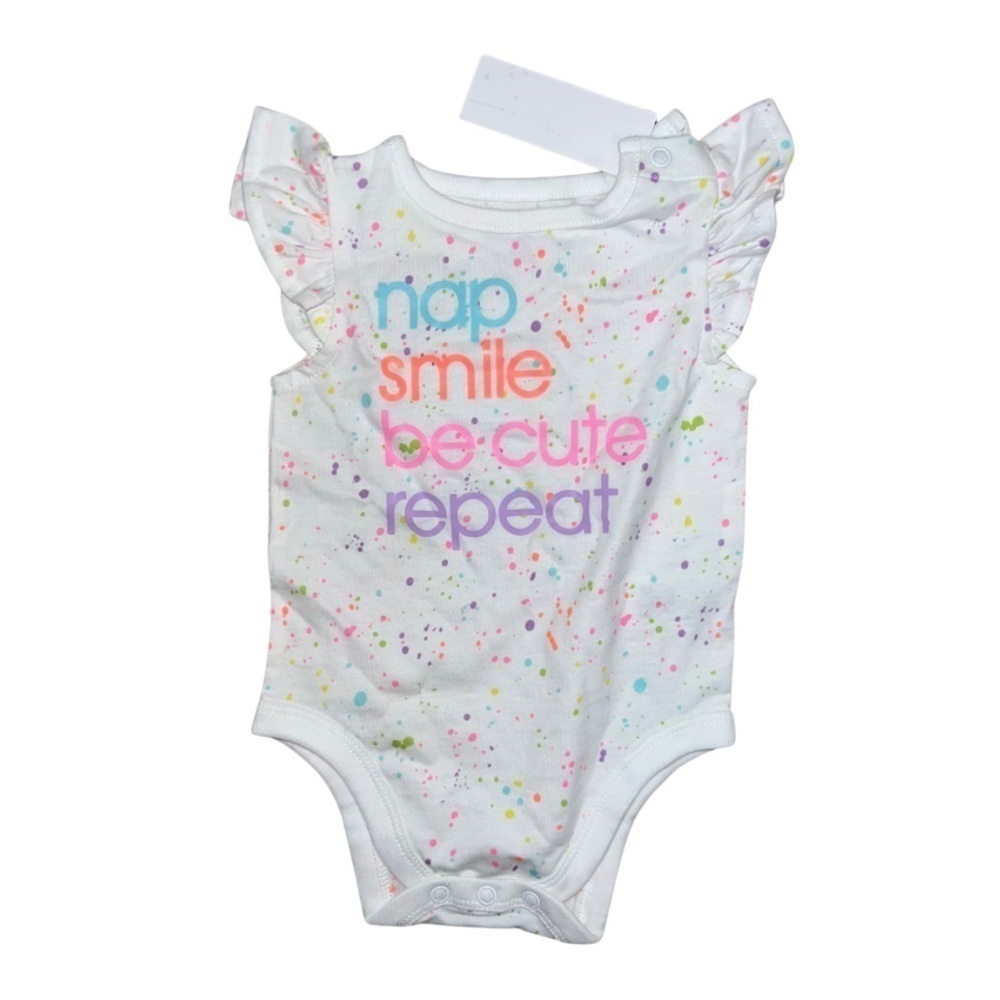3/25 🍄 Garanimals Paint Splattered Ruffled Shoulder Baby Onesie Size 0-3 NWT